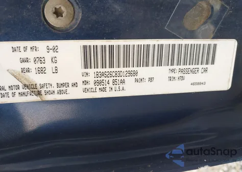 2003 Dodge Neon Se из США, поврежденный, VIN 1B3AS26C83D129680